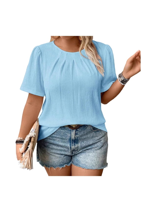 Plus Size Tops Women'S Plus Size T-Shirt, Casual Loose Fit Short Sleeve Top with Pleated Detail, Soft Round Neck Blouse for Everyday Wear, Available In Sizes Large to 5Xl Womens Pl