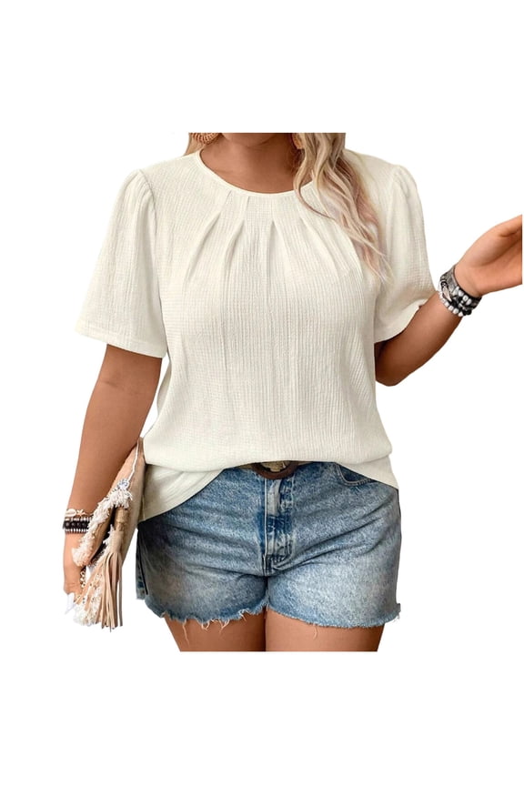 Plus Size Tops Women'S Plus Size T-Shirt, Casual Loose Fit Short Sleeve Top with Pleated Detail, Soft Round Neck Blouse for Everyday Wear, Available In Sizes Large to 5Xl Womens Pl
