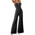 thumbnail image 1 of Wo-Fusoul Summer Jumpsuit for Women Women's Summer Fashion Denim Jumpsuit, Sleeveless Tie-Waist Slim Fit Flared Denim Jumpsuit for Women, 1 of 7
