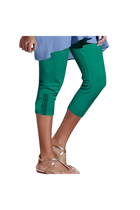 Women's 7-Length Yoga Pants with Lace, Solid Color Casual Athletic Slim Fit