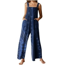 Wo-Fusoul Women's Jumpsuit, Sleeveless V-Neck Casual Romper with Flower Printing and Pockets, Lightweight Polyester Ankle-Length Design for Summer and Spring Wear