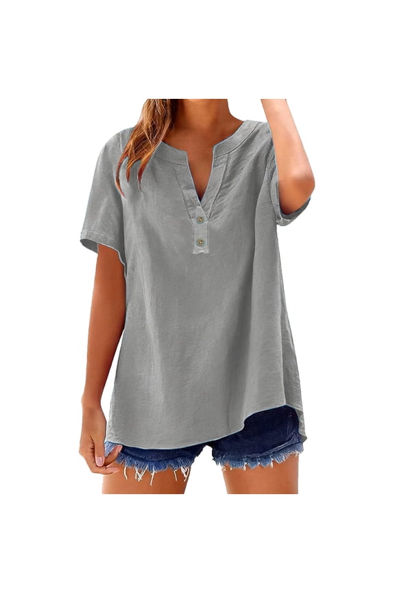 Women's Linen Cotton Blend Shirt, Short Sleeve V-Neck Casual Summer Top, Breathable Loose Fit Blouse