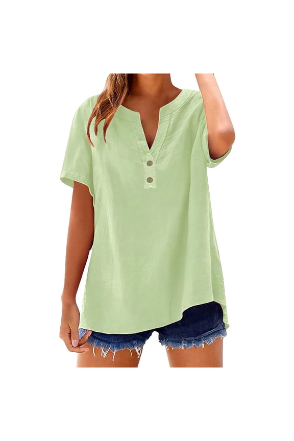 Women's Linen Cotton Blend Shirt, Short Sleeve V-Neck Casual Summer Top, Breathable Loose Fit Blouse