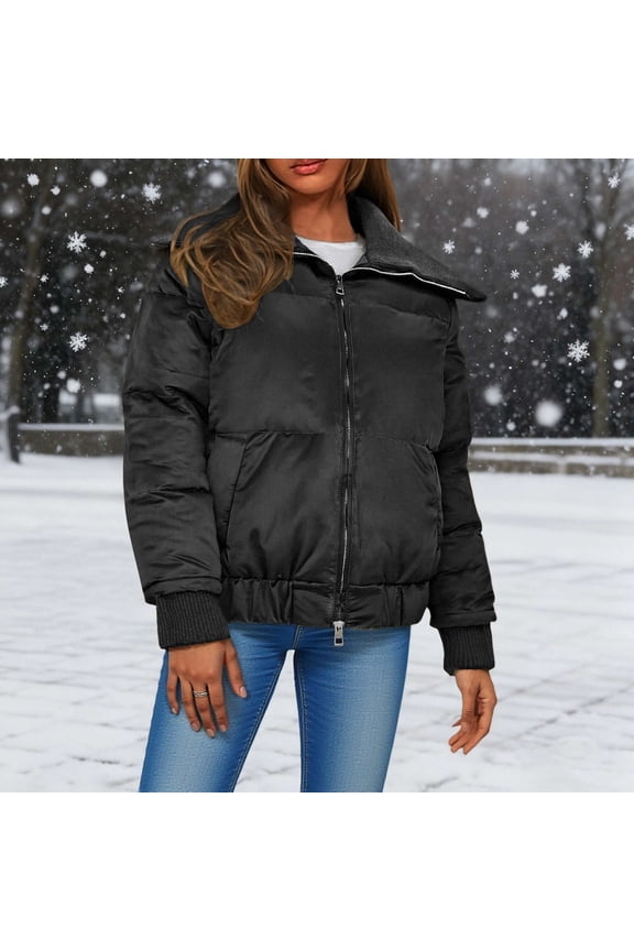 Women`s Quilted Jacket for Fall and Winter, Windproof Warm Coat with Stand Collar, Solid Color Casual Long Sleeve Puffer Outerwear