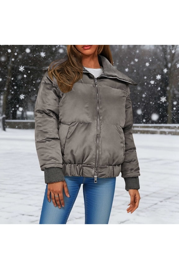 Women`s Quilted Jacket for Fall and Winter, Windproof Warm Coat with Stand Collar, Solid Color Casual Long Sleeve Puffer Outerwear