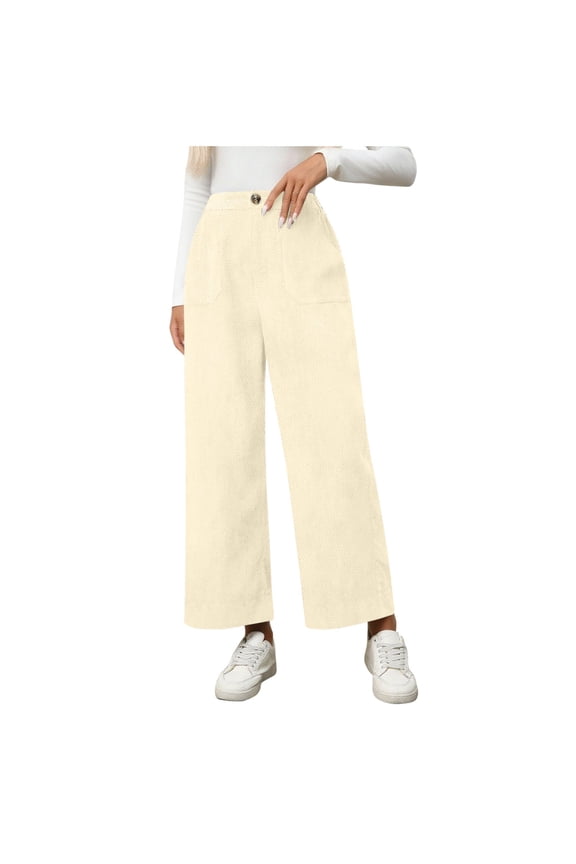 Women's Wide Leg Pants, High Waist Elastic Waistband with Button and Zipper Closure, Casual Loose Trousers with Side Pockets, Comfortable Long Pants for Daily Wear and Fall Winter Seasons