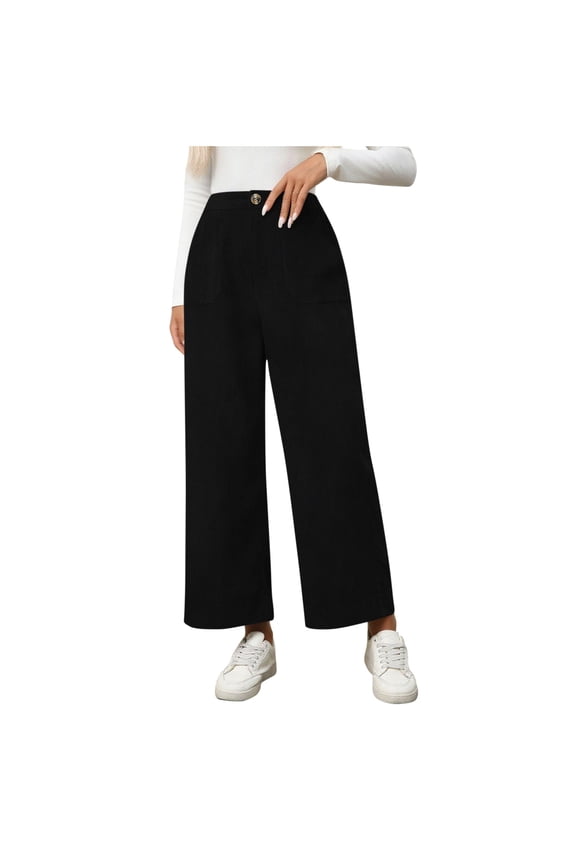 Women's Wide Leg Pants, High Waist Elastic Waistband with Button and Zipper Closure, Casual Loose Trousers with Side Pockets, Comfortable Long Pants for Daily Wear and Fall Winter Seasons