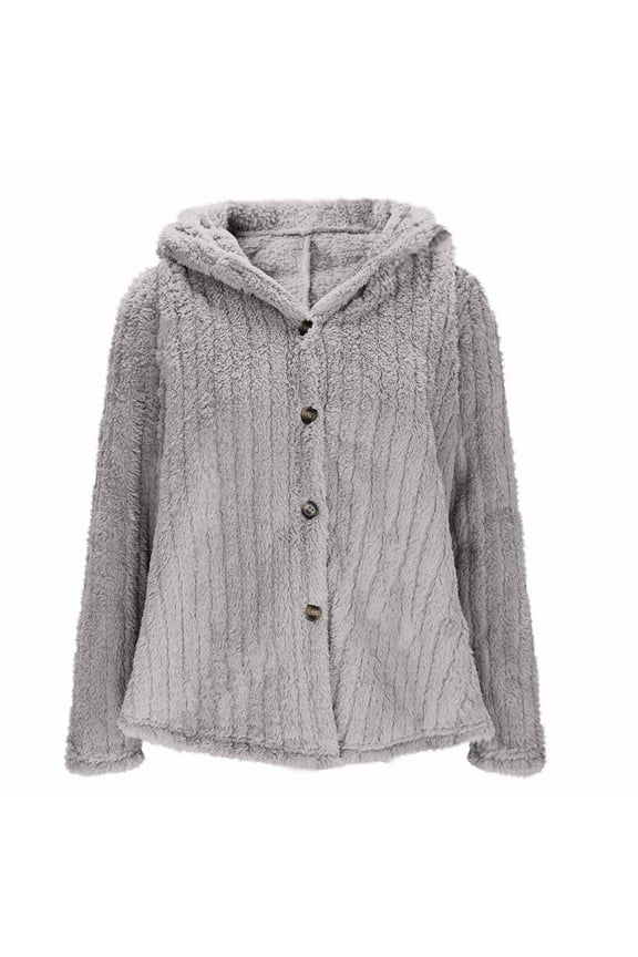 Women's Winter Jacket, Hooded Fleece Coat with Button Front, Long Sleeve Soft Mid-Length Outerwear for Casual Warmth and Comfort