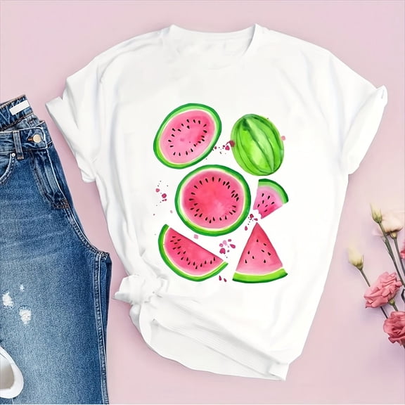 Wo Graphic Watercolor Watermelon Fruit rtoon S1Hort Sve Printed Topady Cotton s Clog Wear Wos T-S1Hirt06