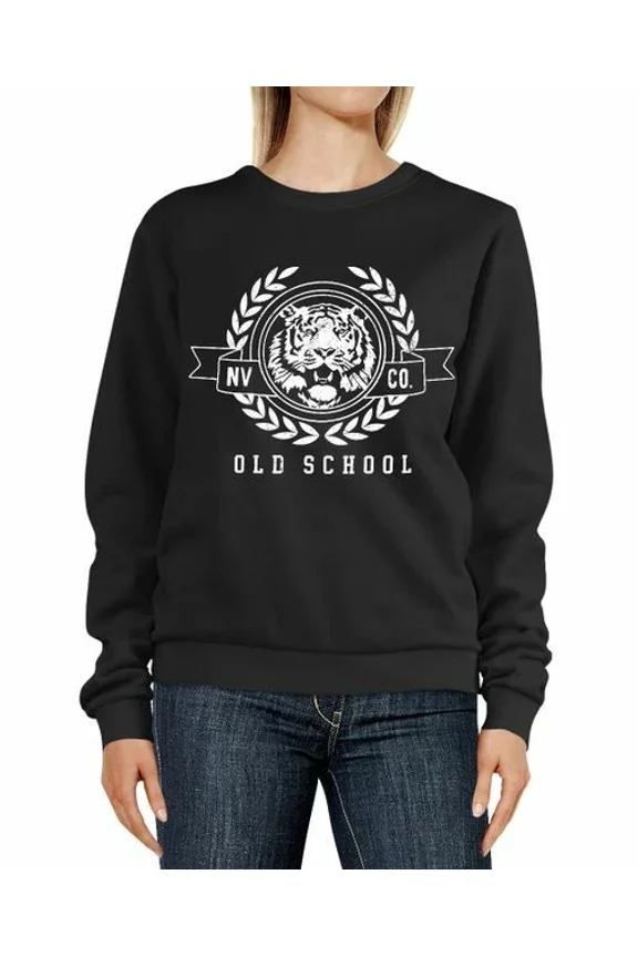 Wo Old School Lettering Tiger Print Round Neck Graphic Pullover Sweatshirt for Men & Women, up to Size 5XL