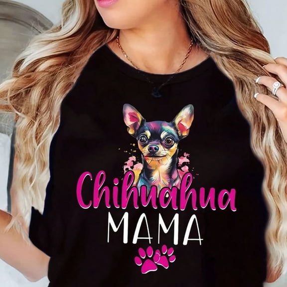 WoM1en's T-S1Hirt Round Neck Chihuahua Mama Dog Prinasual Summer Top 220g