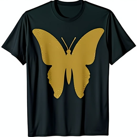 WoMen's Black T-Shirt with Large Gold Glitter Butterfly Print Short Sleeve