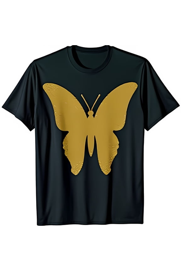 WoMen's Black T-Shirt with Large Gold Glitter Butterfly Print Short Sleeve