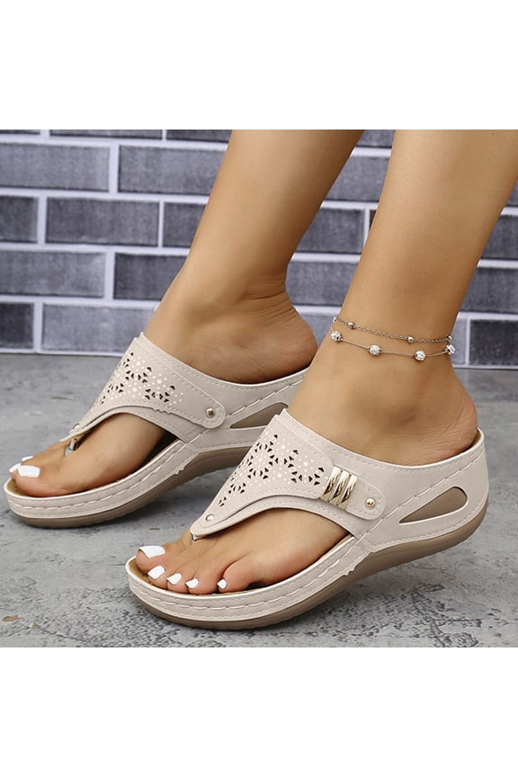 WoMen's Memory Foam Fuzzy Slippers Knitted House Fashion Casual Spring And Summer Solid Color Thong Wedge Heel Flip Flops