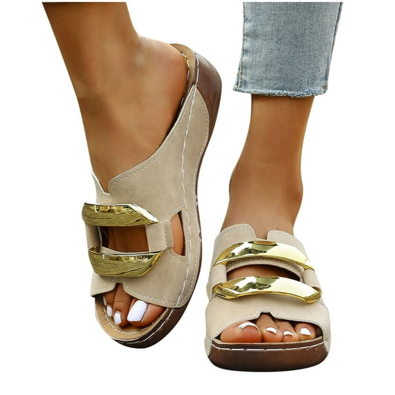 WoMen's Memory Foam Fuzzy Slippers Knitted House Fashion Casual Spring And Summer Style Solid Color Hollow Metal Buckle Fish Mouth Open Toe One-Foot Thick Bottom Wedge Heel Slippers