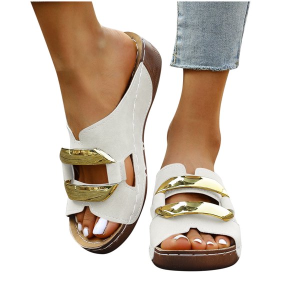 WoMen's Memory Foam Fuzzy Slippers Knitted House Fashion Casual Spring And Summer Style Solid Color Hollow Metal Buckle Fish Mouth Open Toe One-Foot Thick Bottom Wedge Heel Slippers