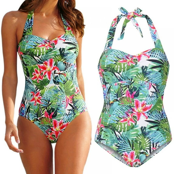 WoMen's One Piece Swimsuit Halter Plunge Neck Ruched Tummy Control Bathing Suits