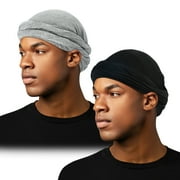 WoWstyle 2pcs Turban for Men Black Grey Modal Stretch Durags Dreadlocks Headwrap for Black Men's Turbans and Muslim Hijab Hat Band Comfy Sun Protection, Breathable, Twisted Anti-Fall ,Windproof Cap.