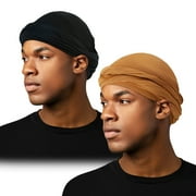WoWstyle 2pcs Turban for Men Black Yellow Modal Stretch Durags Dreadlocks Headwrap for Black Men's Turbans and Muslim Hijab Hat Band Comfy Sun Protection, Breathable, Twisted Anti-Fall ,Windproof Cap.
