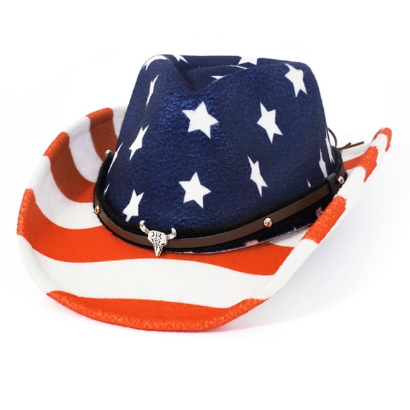 WoWstyle American Flag Cowboy Hat Faux Fur Felt Cowgirl Hats American Fedora Hats Outdoor Wide Brim Rodeo Hat with Strap