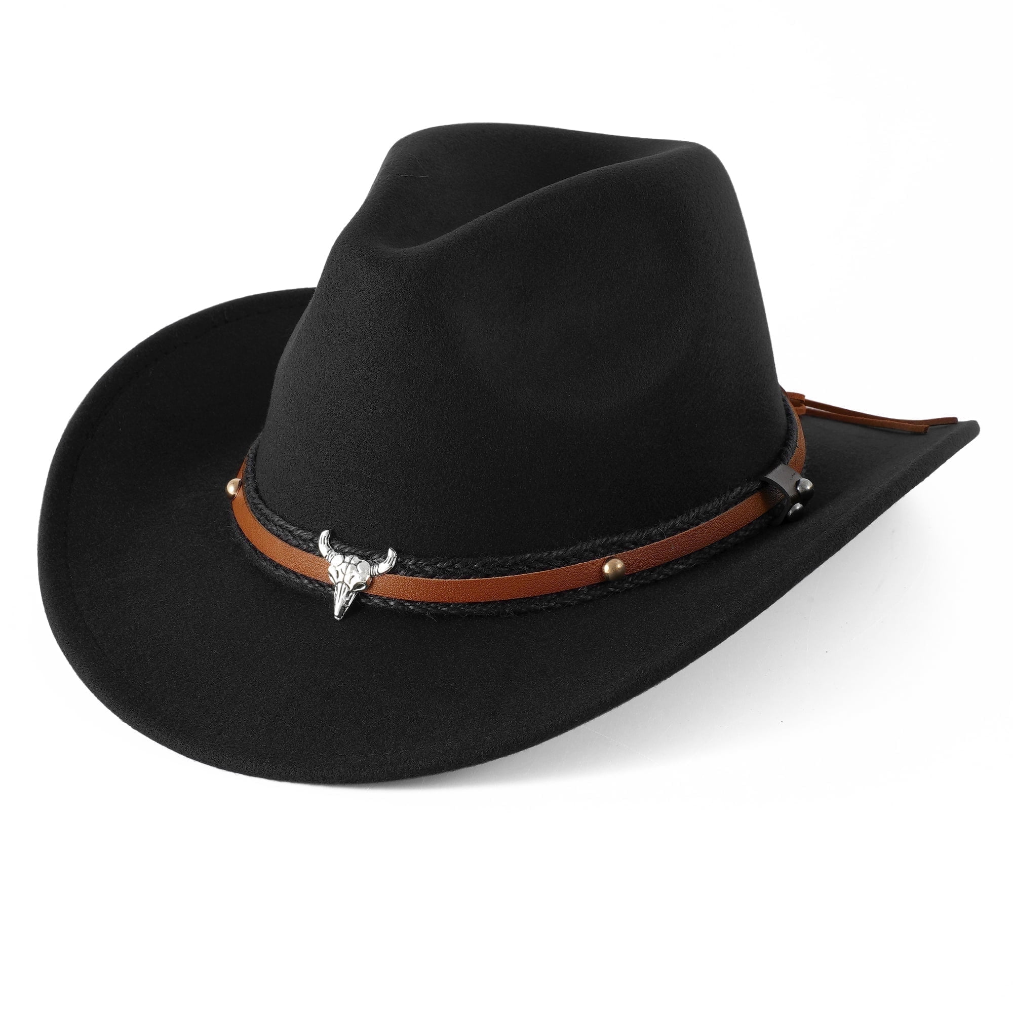 WoWstyle Unisex Black Cowboy Hat with Adjustable Leather Strap for Outdoor Activities, Parties, and Festivals