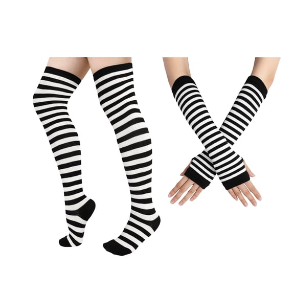 Wowstyle Black and White Striped Thigh High Socks for Women Extra Long Over the Knee Stockings 3 Pairs Cotton Blend Non Slip Boot Socks Leg Warmers for Halloween Anime Cosplay Schoolgirl Witch Costum