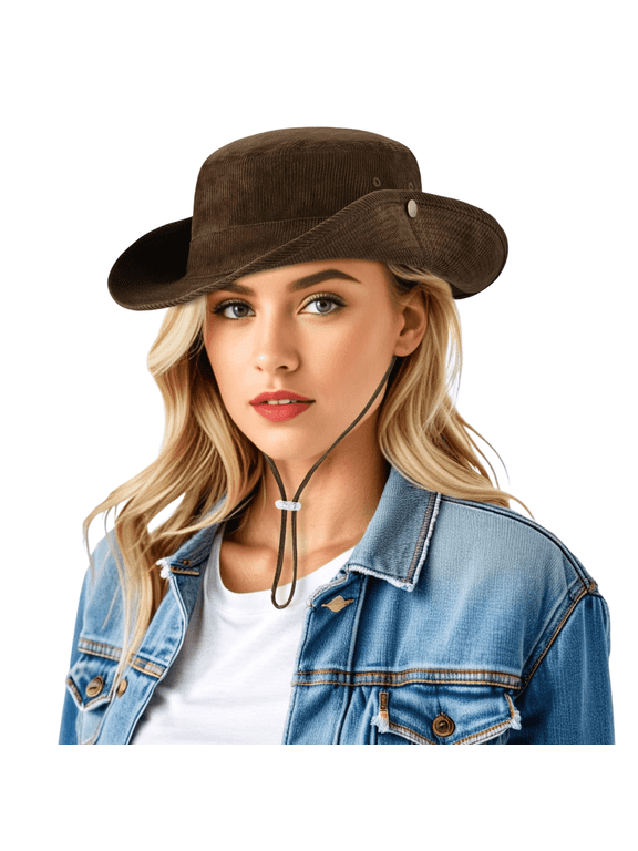Cowboy Hat for Women Corduroy Drawstring String Western Cowgirl Bucket Sun Hats Adjustable UV Protection Fisherman Boonie Cap, Brown