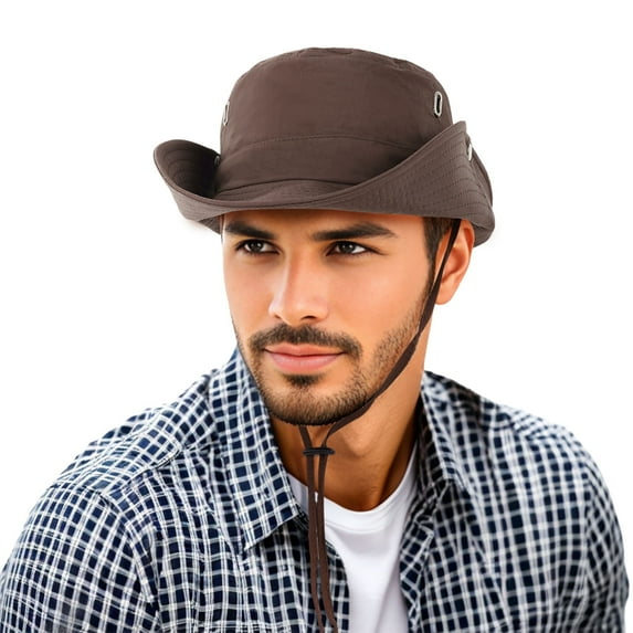Wowstyle Mens Cowboy Hat Youth Cowboy Hats for Men Western Wide Bucket Sun Boonie Hats Adjustable UV Protection Fisherman Boonie Cap, Brown