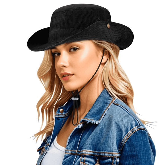 Wowstyle Cowboy Hat for Women Corduroy Drawstring String Western Cowgirl Bucket Sun Hats Adjustable UV Protection Fisherman Boonie Cap, Black