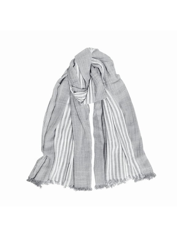 Cotton Linen Scarf Men Stripe Crinkle Long Lightweight Breathable Neckerchief Muffler Reversible Fringed Shawl Spring Fall Gift One Size