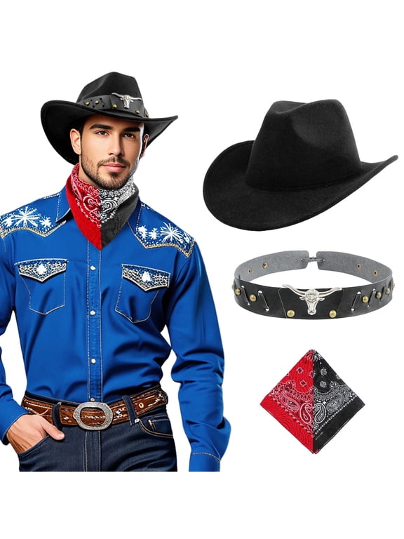 2-Piece Cowboy Hat & Bandana Set for Men Women, Felt Western Cattleman Hat with Wide Brim, Adjustable Hat Band Rodeo Costume Festival, Black