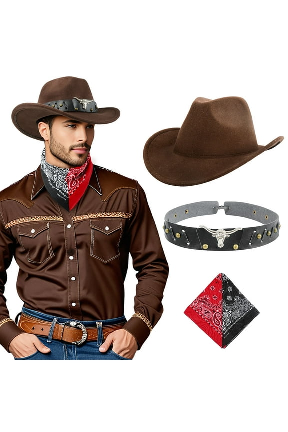 Brown Cowboy Hat & Bandana Set for Men Women, Fashion Western Cowboy Hat Wide Brim Fedora Hat with Buckle Belt Valentine's Day
