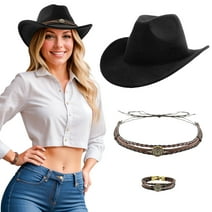 WoWstyle Cowboy Hat for Adult Men Women Cowgirl Hat with Adjustable Leather Hat Band Western Cattleman Cow Boy Rodeo Outfit(Black)