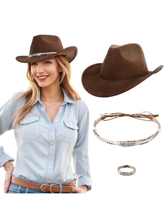 Cowboy Hat for Adult Men Women Cowgirl Hat with Adjustable Leather Hat Band Western Cattleman Cow Boy Rodeo Outfit, FeatherSet