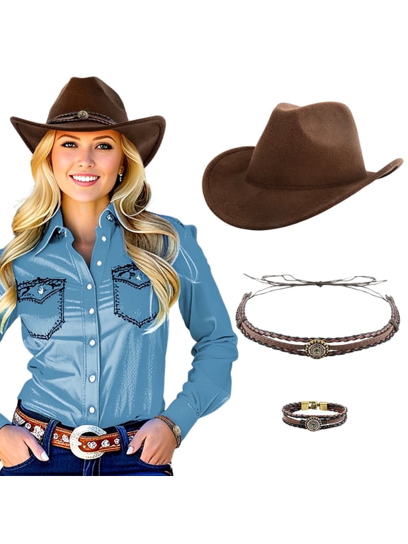 Cowboy Hat for Adult Men Women Cowgirl Hat with Adjustable Leather Hat Band Western Cattleman Cowboy Rodeo Outfit (Coffee)