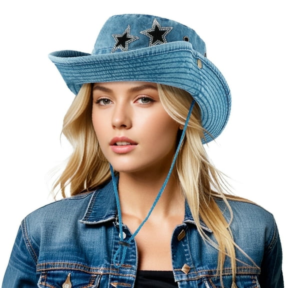 Wowstyle Cowboy Hat for Women Drawstring Blue Denim Cowgirl Bucket Sun Hats for Women Adjustable UV Protection Fisherman Boonie Cap