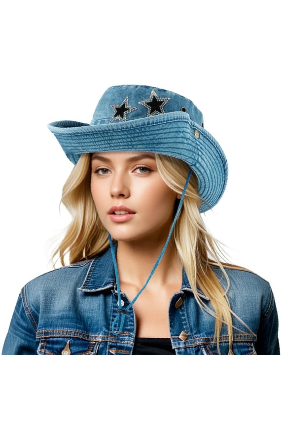 Cowboy Hat for Women Drawstring Blue Denim Cowgirl Bucket Sun Hats for Women Adjustable UV Protection Fisherman Boonie Cap