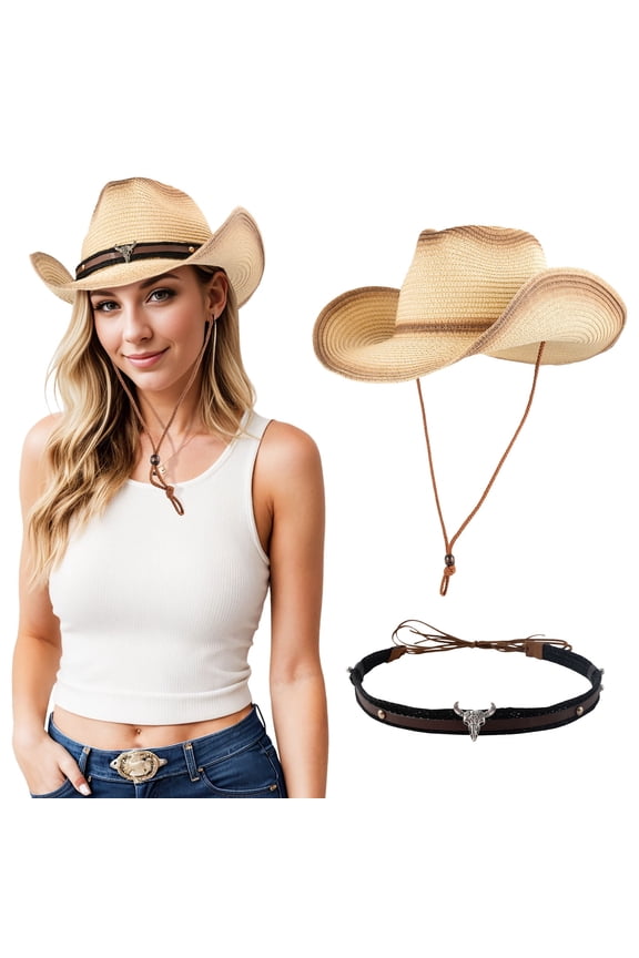 Cowgirl Hat for Women Men, Western Straw Cowboy Hats Packable Wide Brim Beach Summer Sun Cap with Decorative Band