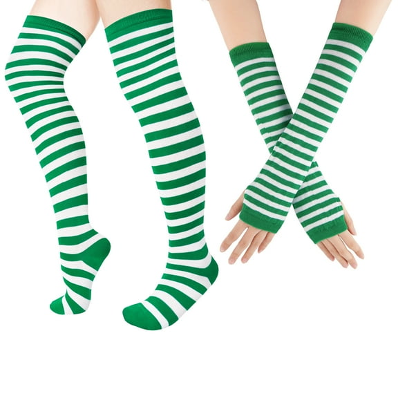 WoWstyle Green Thigh High Socks for Women Over The Knee Stockings Striped Cocks Extra Long Cosplay Costumes Accessories