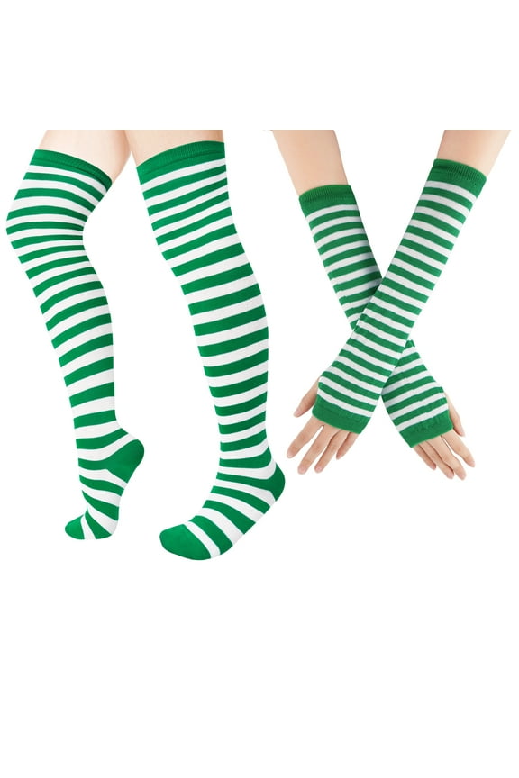 Green Thigh High Socks for Women Over The Knee Stockings Striped Cocks Extra Long Cosplay Costumes Accessories
