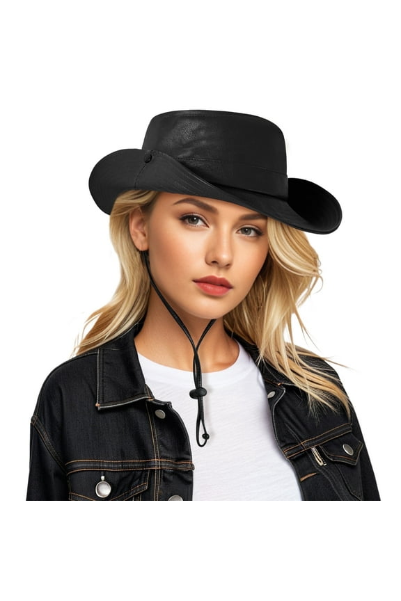 Leather Cowboy Hat Women Western Black Denim Cowgirl Hat Packable Fisherman Boonie Cap