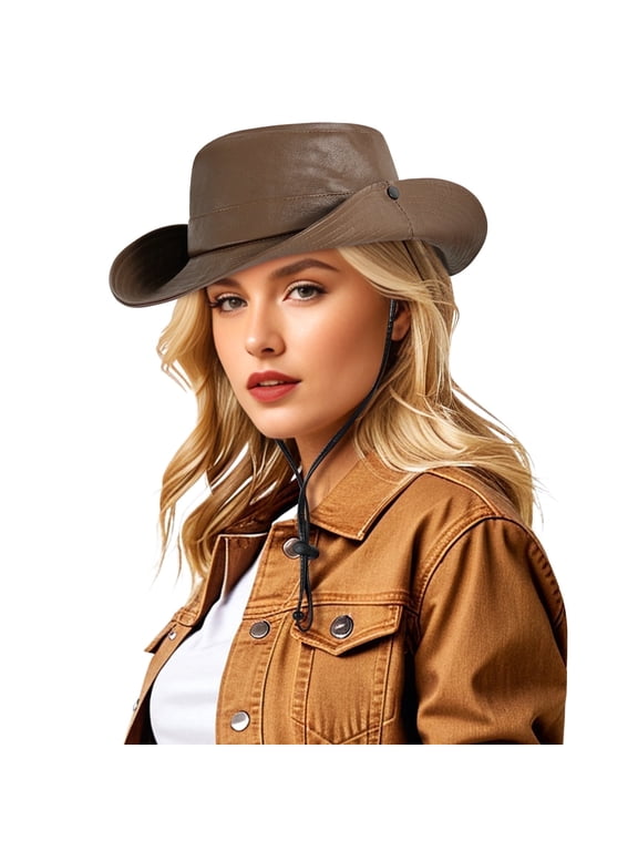 Leather Cowboy Hat Women Western Brown Pu Cowgirl Hat Packable Fisherman Boonie Cap