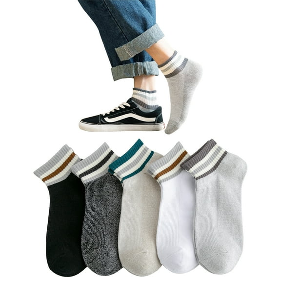 WoWstyle Men's Ankle Socks Low Cut Stripe Cushioned No Show Athletic Moisture Wicking  Size 5-10 Socks for Men 5 Pairs