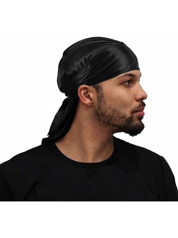 Silk Durag For Men Women Solid Satin Doo Rags Beanie 360 Wave Skull Cap Silky Bandana Turban Headwrap (Black)