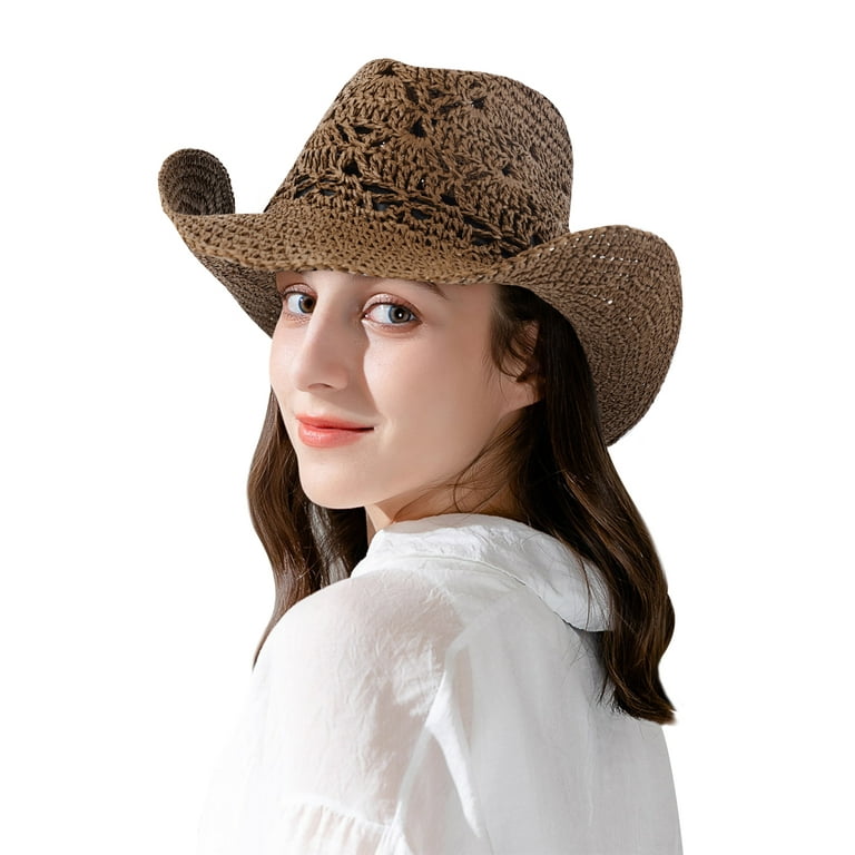 WoWstyle Straw Cowboy Hat for Women, Beach Western Cowgirl Hat for Summer  Foldable Outdoor Fishing Hat 22-22.8, Off-Season Clearance (Brown) 