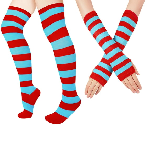 WoWstyle Thigh High Socks for Women Over The Knee Stockings Blue and Red Striped Cocks Extra Long Cosplay Costumes Accessories