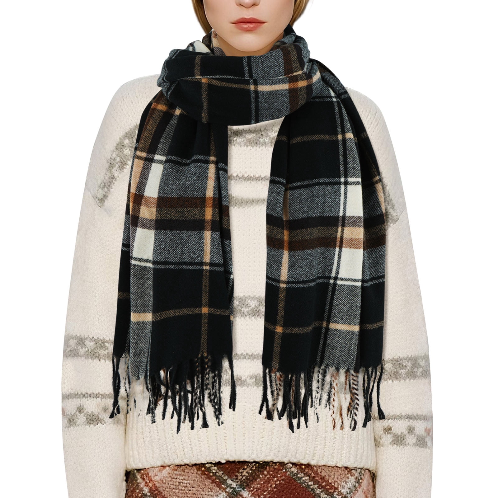 Wowstyle Winter Scarf for Women Shawl Soft Tassel Plaid Large Oversized ...
