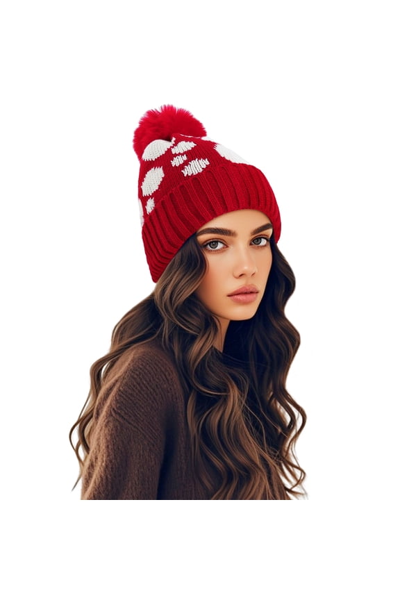 Women Winter Pompom Beanie Hat with Warm Fleece Lined, Thick Slouchy Knit Skull Ski Cap-Red