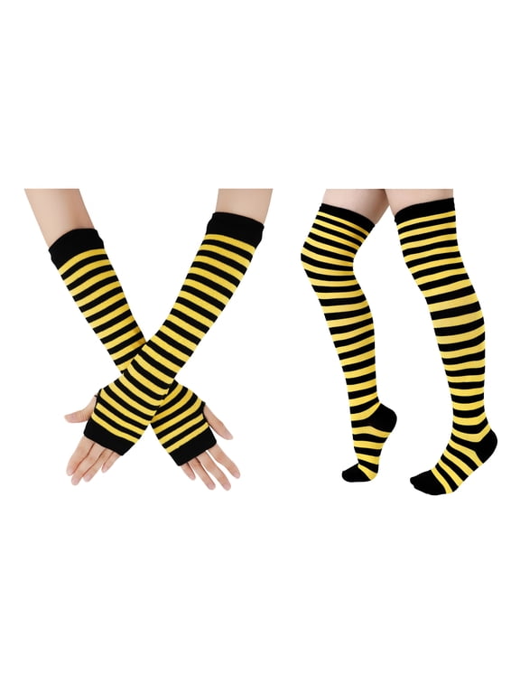 3 Pairs Thigh High Socks for Women Over the Knee Stockings Yellow Striped Extra Long Non Slip Cosplay Costume Bumblebee Anime Schoolgirl Accessories