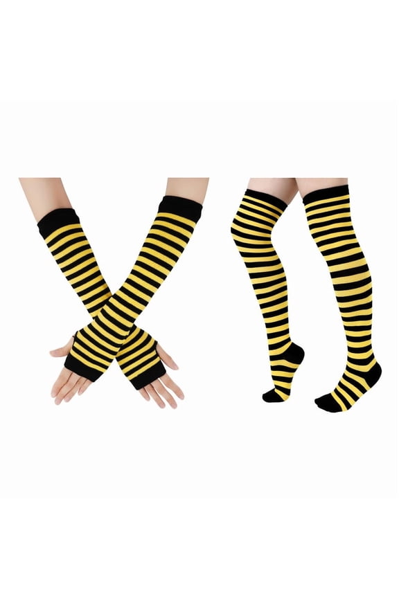Yellow Thigh High Socks for Women Over The Knee Stockings Striped Cocks Extra Long Cosplay Costumes Accessories